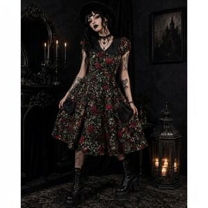ChicStar‎ GoodGoth Rose Thorn Print MIDI Dress SZ 42 Black Red Fit/Flare Cotton